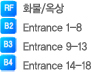 RF 화물/옥상, B2 Entrance 1-8, B3 Entrance 9-13, B4 Entrance 14-18